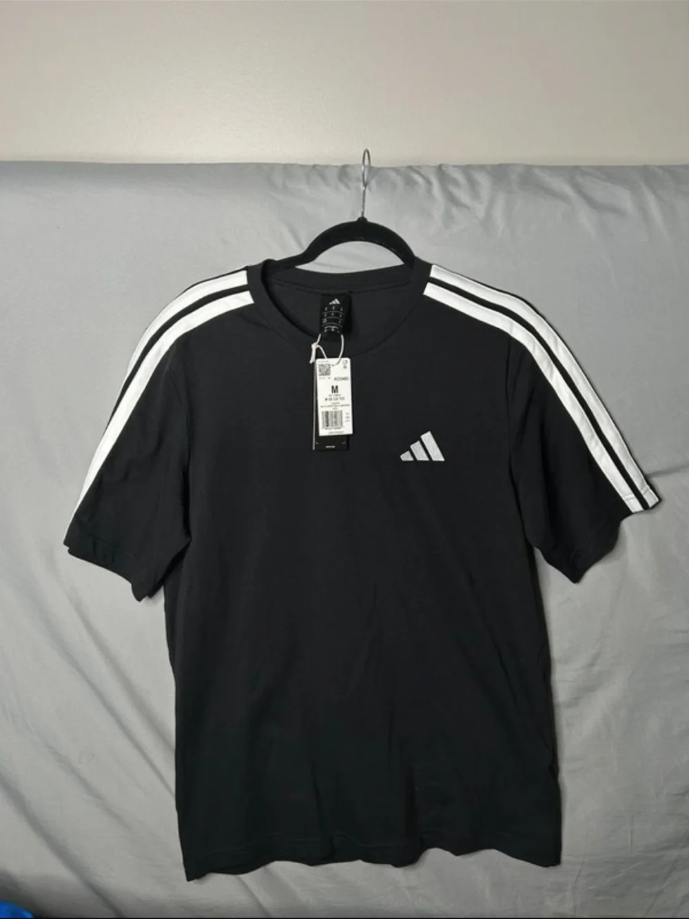 adidas Black Tee with White Shoulder Stripes